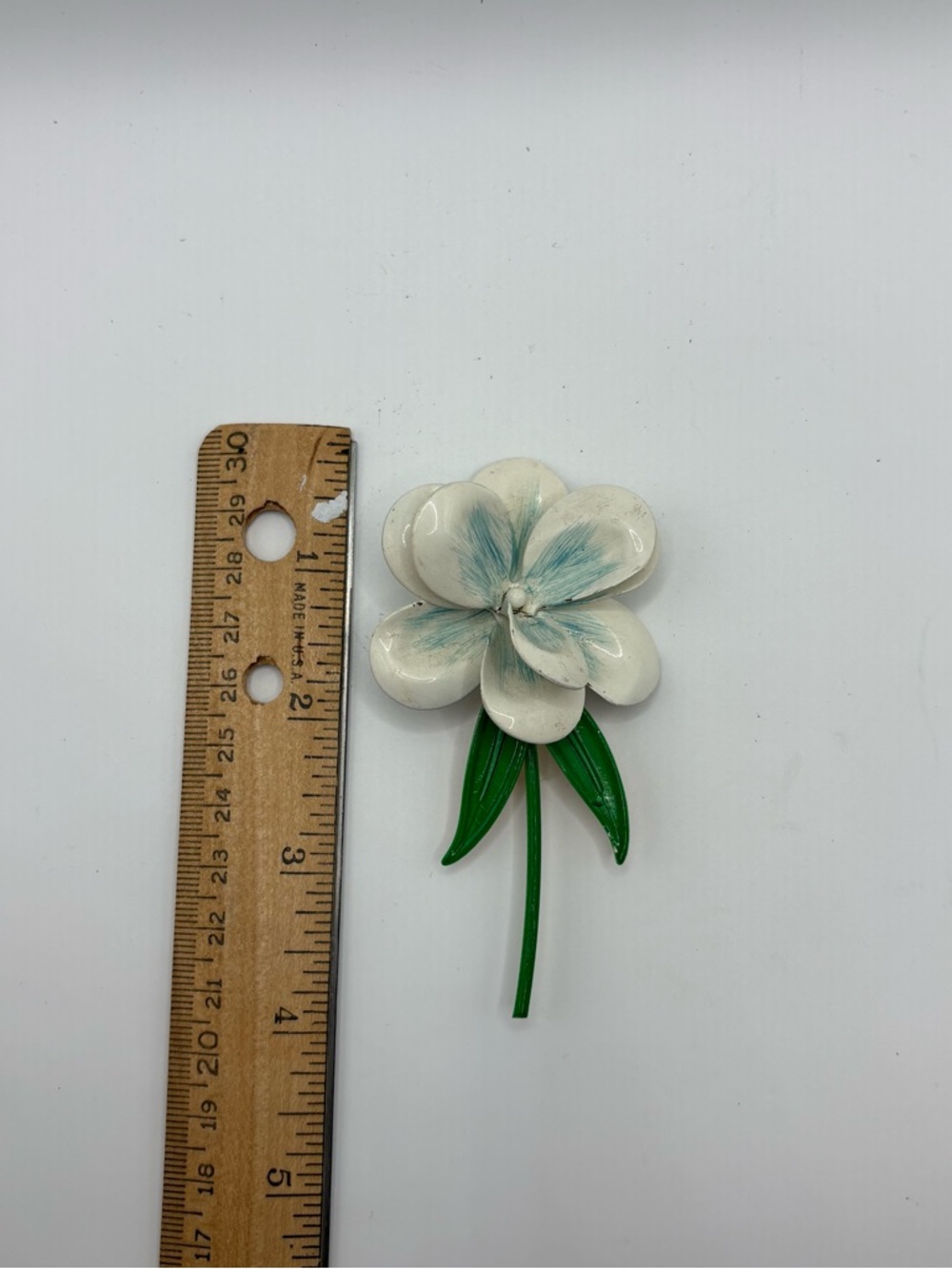 Vintage White and Teal Floral Brooch with Green Stem